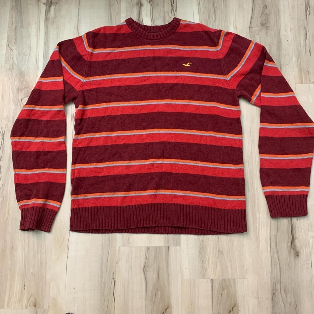 Hollister The Sweater Shop Mens Red Orange Striped Crewneck Sweater Size L